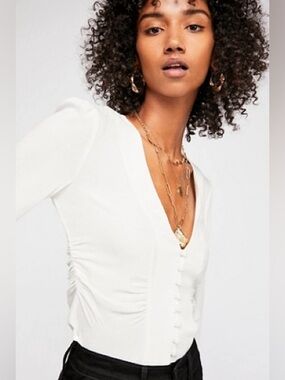 Free People Maise Romantic Puff Sleeve White V-Neck Button-Front Blouse Small